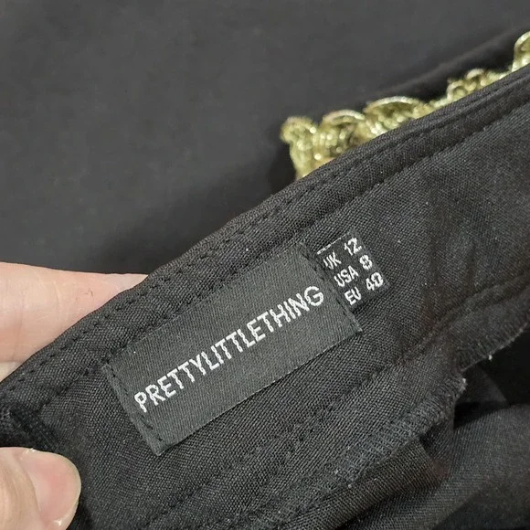 PrettyLittleThing Black Maxi Dress Gold Embroidered Floral Appliqué Size US 8 UK - Picture 9 of 12